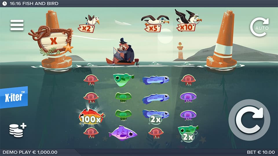 Game reels filled with jellyfish, fish and multipliers below a quirky fisherman and birds.