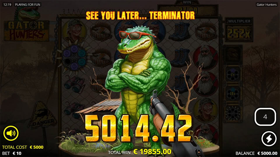 Big win screen with a muscular alligator in sunglasses crossing its arms, text reading “See you later… Terminator” in bold.