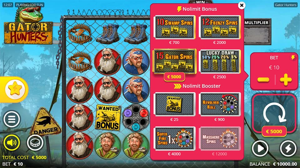 Bonus buy menu offering Swamp Spins, Frenzy Spins, Gator Spins, Lucky Draw and Nolimit Boosters such as Wanted Bonus and Revolver Roll.