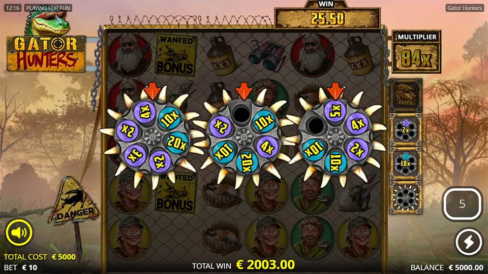 Gameplay highlighting the Revolver feature with three spiked revolver chambers spinning multipliers across the grid.