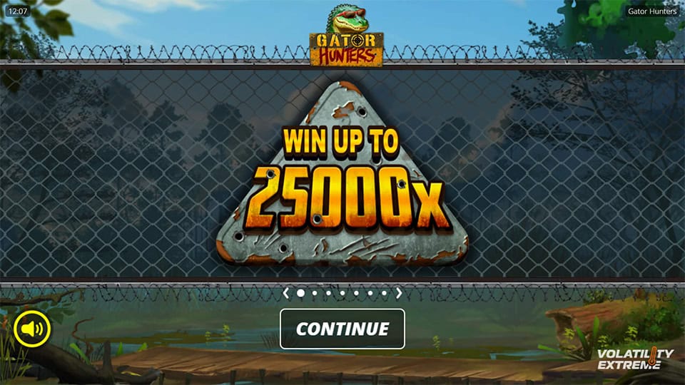 Intro screen with chain-link fence background, showing volatility rating and maximum win potential of 25,000x.