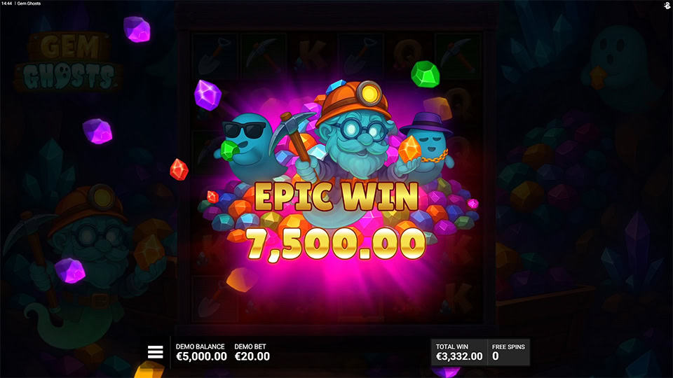 Epic Win animation with ghost miners and scattered gems lighting up the screen.