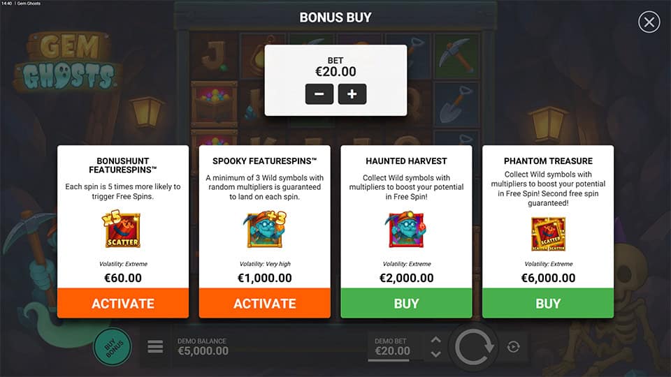 Feature buy menu with multiple options like Spooky Featurespins and Phantom Treasure, each offering enhanced spin bonuses.