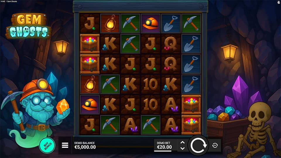 Mining-themed reels featuring helmets, pickaxes, gem carts and card symbols in a glowing cave.