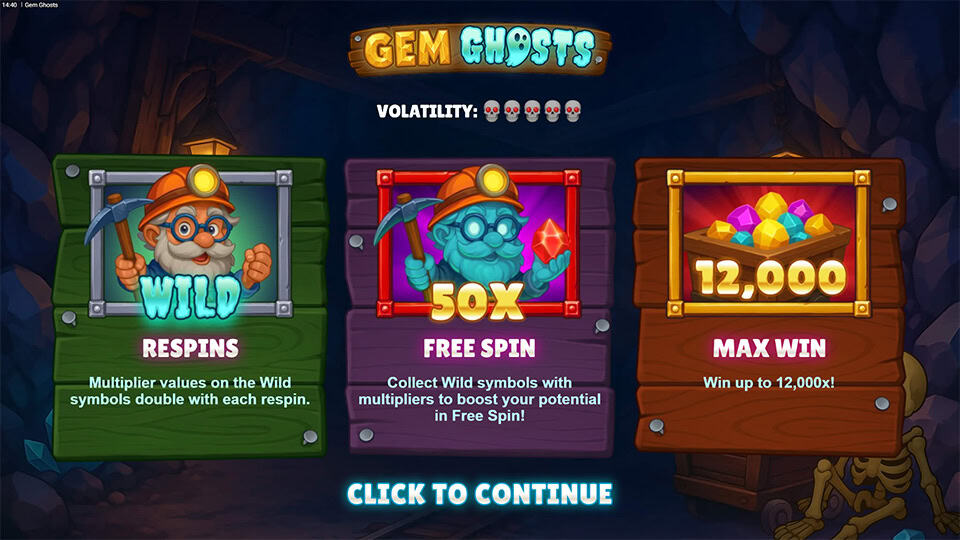 Intro screen showing Wild, Free Spin and Max Win highlights with vibrant mining visuals.
