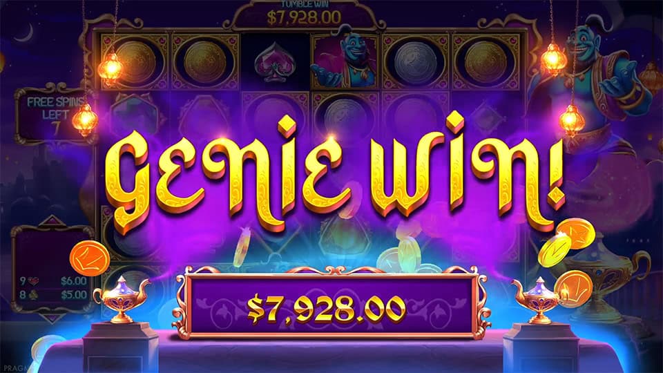 Purple and gold “Genie Win!” banner with glowing coins and genie lamps, set in a magical night scene.