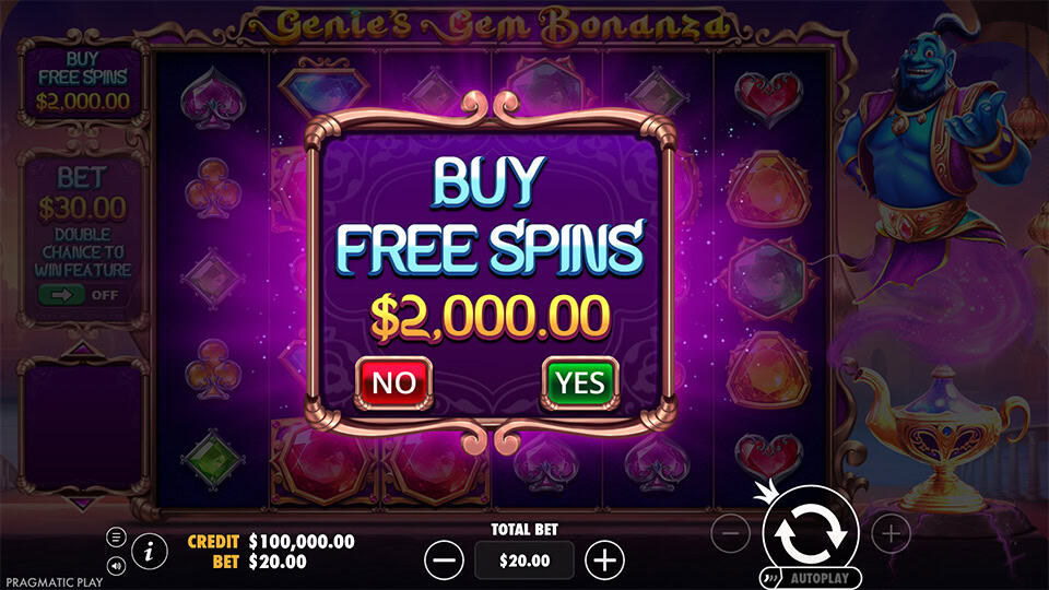 Purchase menu for free spins with a large framed button and genie-themed background.