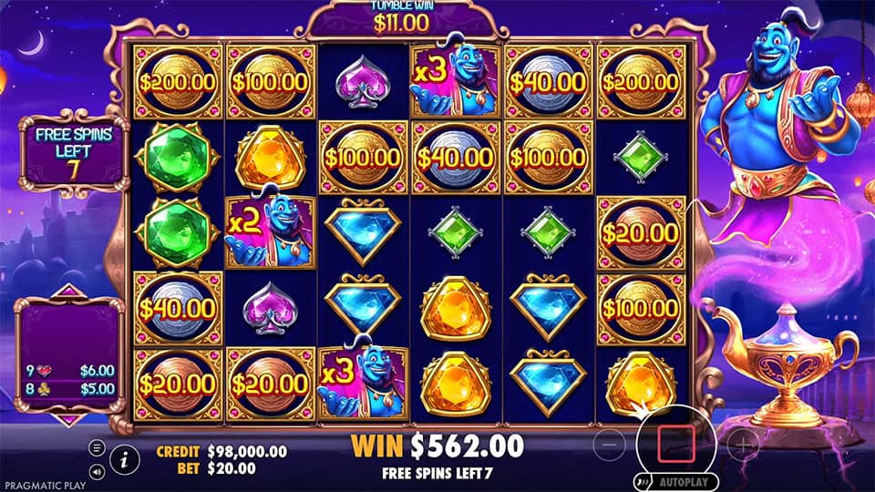 Gameplay showing golden coin symbols with values and genie multiplier icons during free spins.