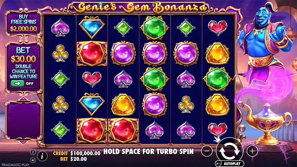 Main game screen with colorful gem symbols and the genie character standing beside a golden magic lamp.
