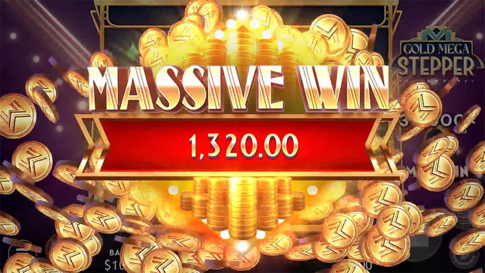 Massive Win banner with golden coins bursting and bright red highlight at the center.