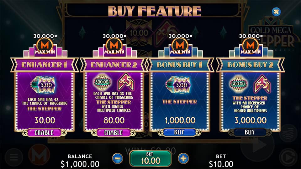 Bonus buy menu featuring two enhancers and two stepper bonus modes with increased multiplier chances.