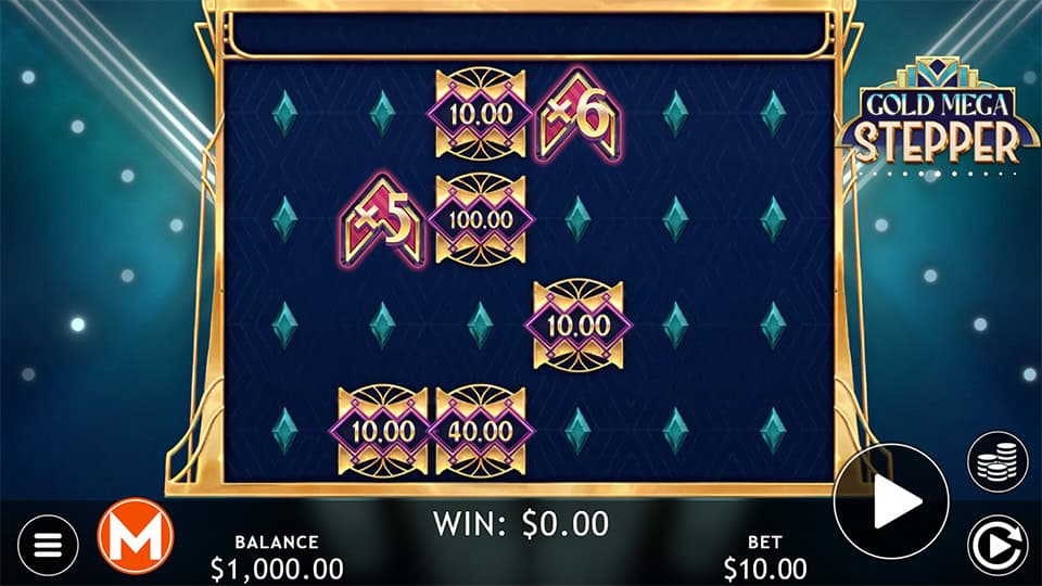 Gameplay screen with gem-shaped symbols and bonus tiles over a golden-framed grid.