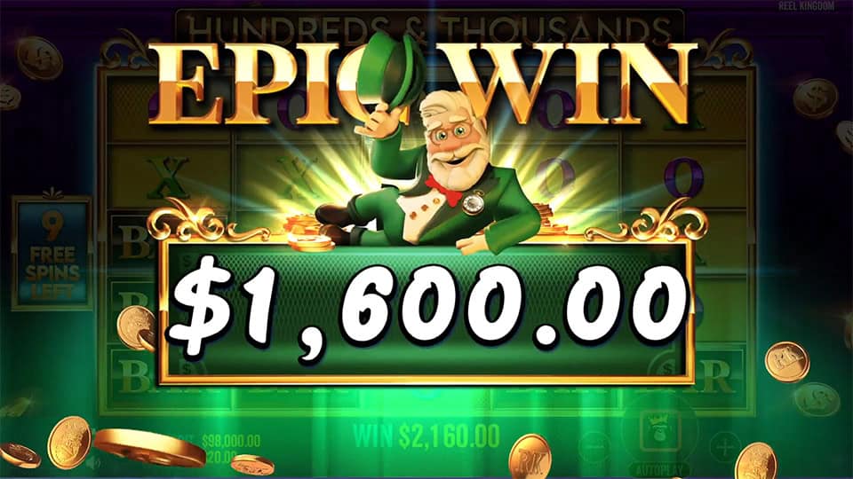 Epic Win banner with leprechaun tipping his hat, golden glow and coins flying across the screen.