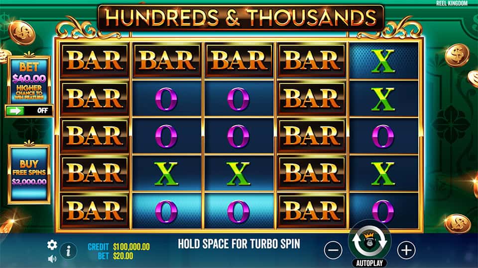 Game reels filled with BAR, X and O symbols on a green backdrop, with bet settings and buy feature option visible.
