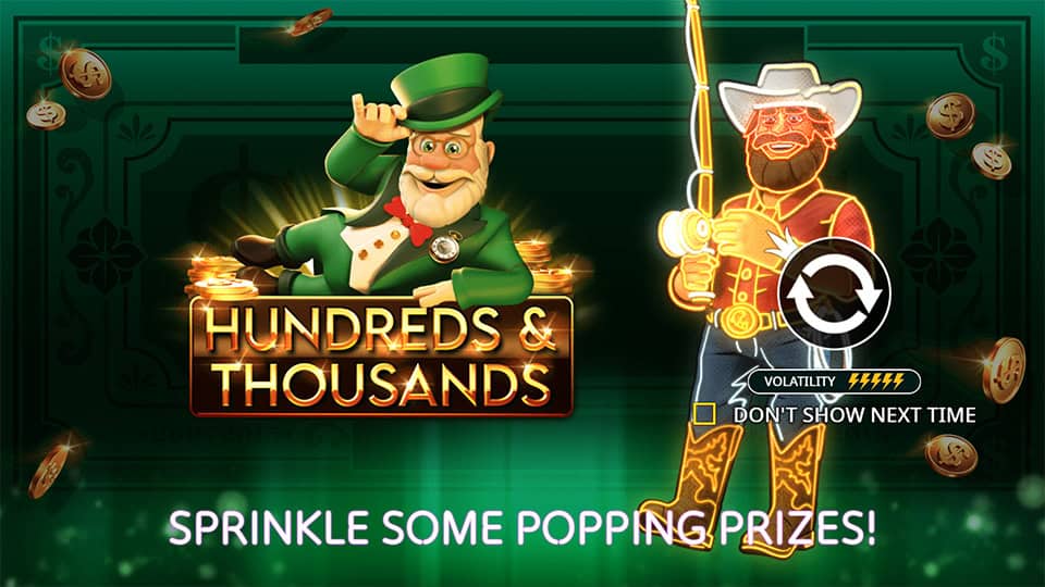 Intro screen showing leprechaun and cowboy characters, game logo and tagline “Sprinkle some popping prizes!” with coins in the background.