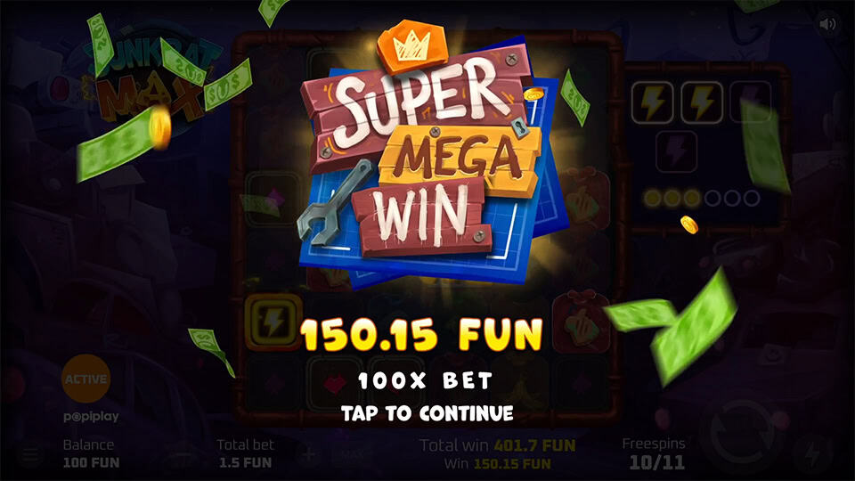 Super Mega Win message displayed with falling money and tools, showing a big reward with x100 multiplier.