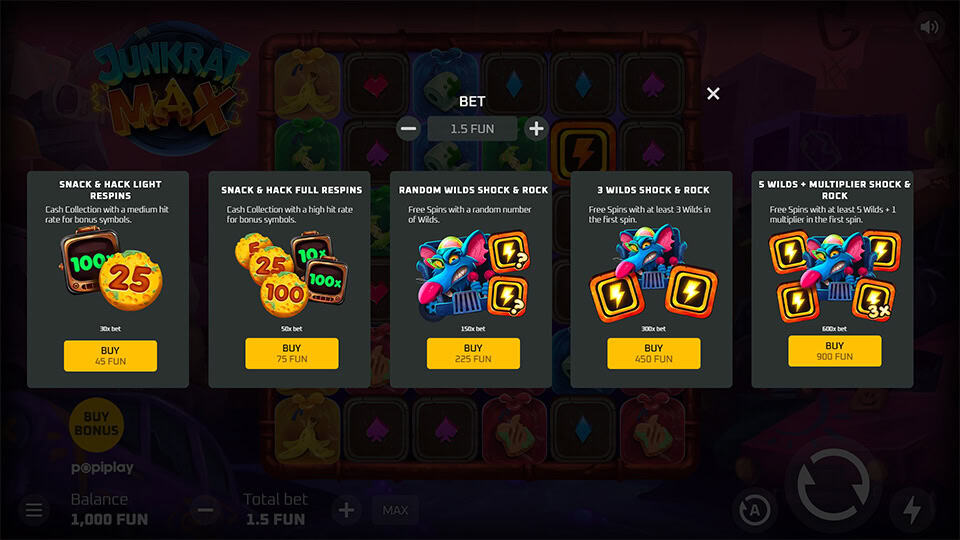 Bonus buy menu with five options, including wild-based free spins and cash collection features.