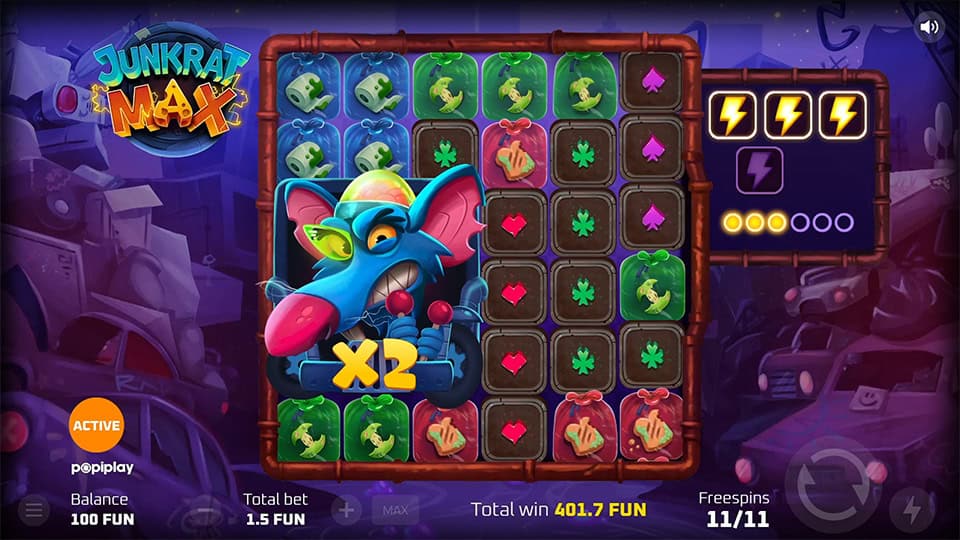 Grid showing large 3x3 wild rat symbol with x2 multiplier active during the final free spin.