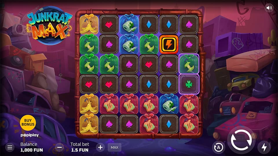 Slot layout with grid-style reels featuring colorful symbols like bananas, dice and power tiles in a scrapyard scene.