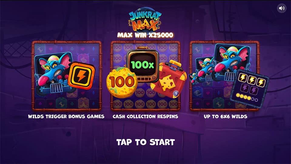 Intro screen of Junkrat Max featuring bonus descriptions, cash respins and wild expansion mechanics.