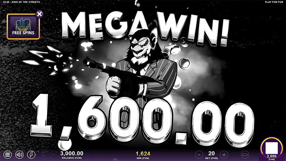 Black-and-white comic style “Mega Win” screen with lion gangster firing a Tommy gun.
