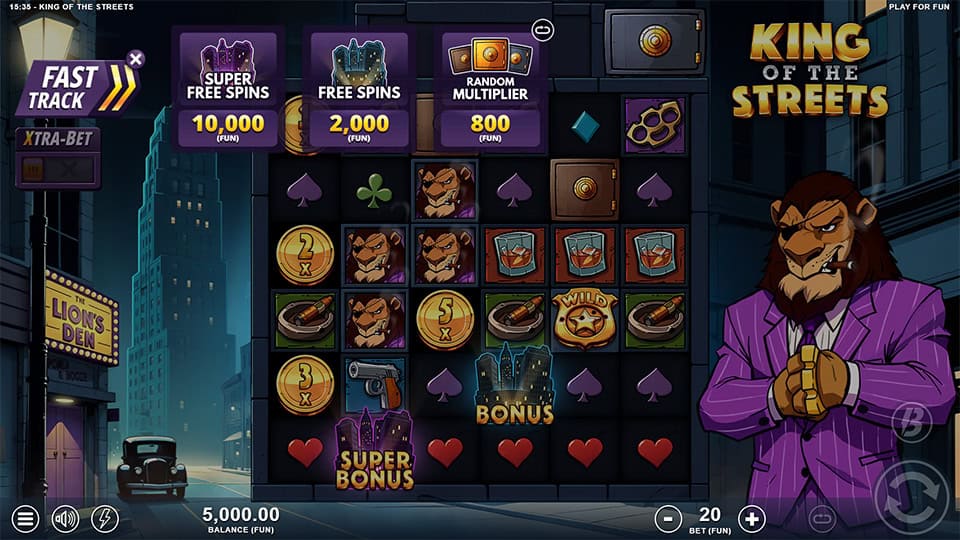 Fast Track panel with options to buy Super Free Spins, free spins and Random Multiplier instantly.