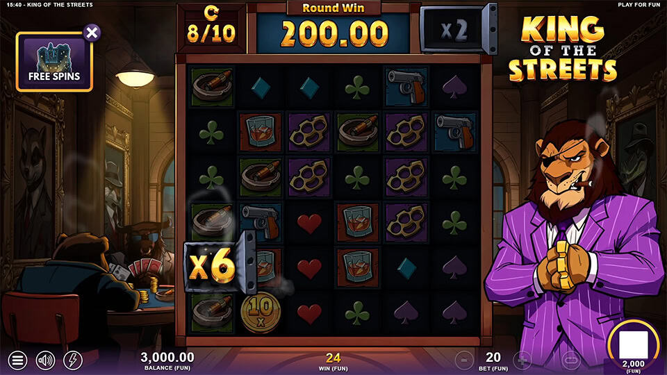Slot screen with x6 multiplier safe triggered during free spins round inside a smoky gangster lounge.