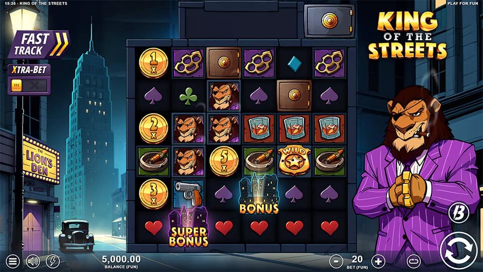 Slot grid showing gang-themed icons like brass knuckles, safes, whiskey glasses and wild stars with the lion character on the side.