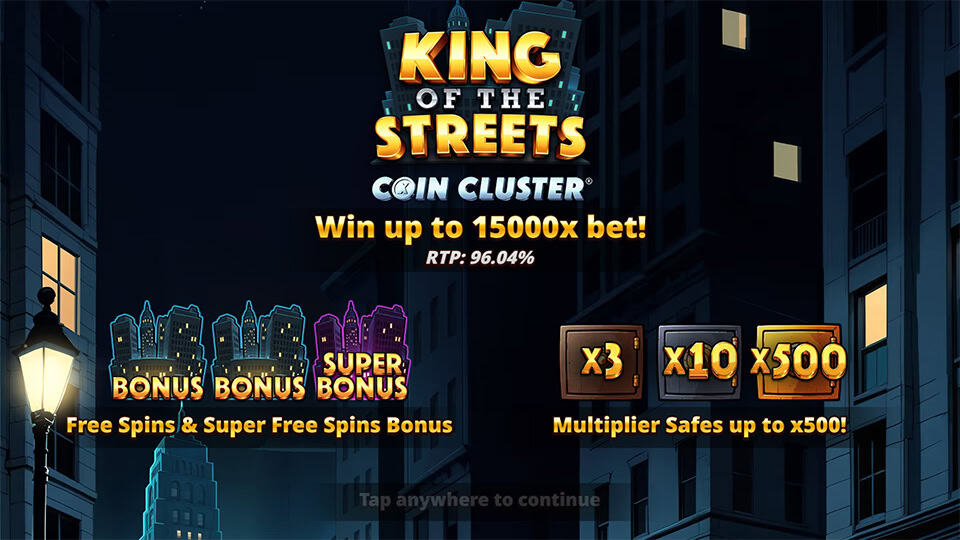 Introduction screen highlighting bonus symbols, free spins and safes with multipliers up to x500.