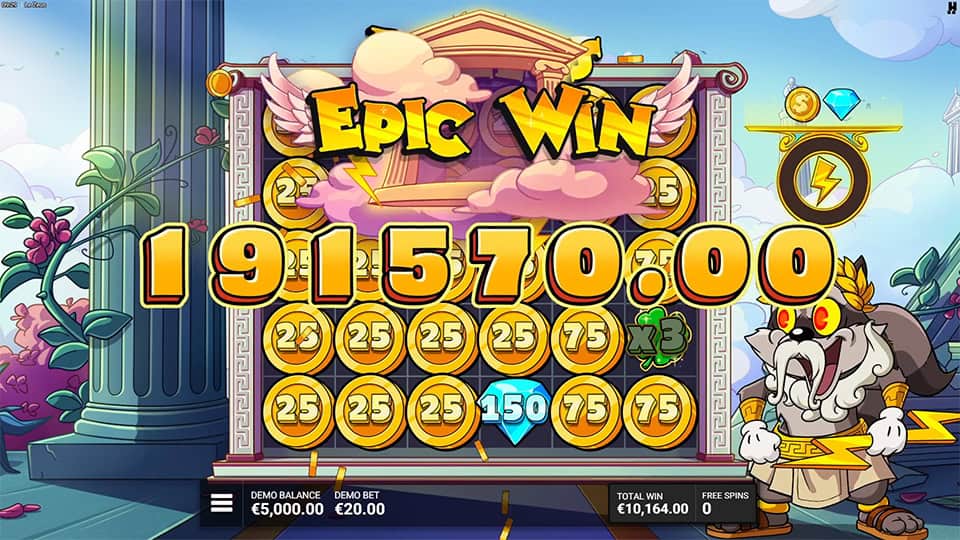 “Epic Win” banner surrounded by golden clouds, displayed over a bonus game filled with coin symbols and multipliers, with cartoon Zeus celebrating.