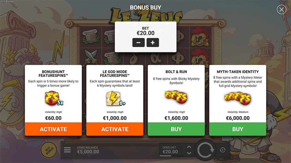 Feature purchase menu offering multiple modes including Sticky Mystery Symbols, enhanced bonus triggers and special free spins variants.