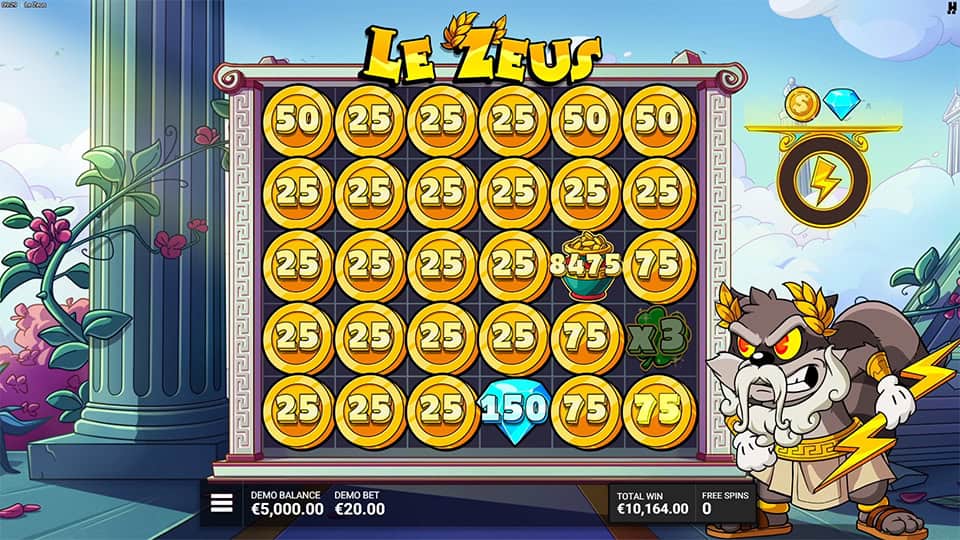 Bonus round with a full grid of coin and multiplier symbols, cartoon Zeus to the side holding lightning bolts and the feature tracker on the right.