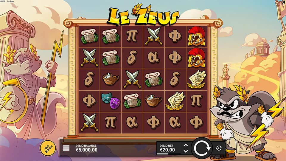 Main game screen with Greek mythology-inspired symbols including helmets, wings, swords and columns, alongside the cartoon Zeus mascot.