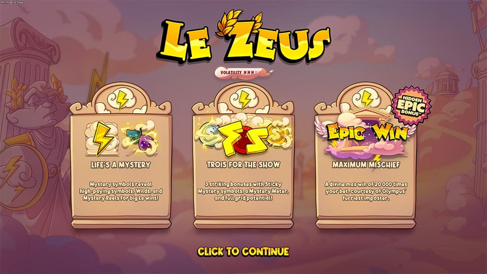 Intro screen showing Le Zeus logo with descriptions of key features: Mystery Symbols, Sticky Mystery symbols and maximum win potential.