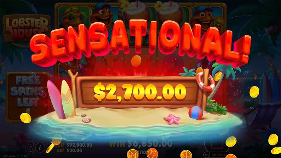 “Sensational!” banner in bold red letters above a wooden sign, with coins flying over a beach scene.