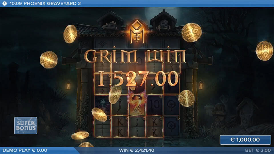 Grim Win message displayed with golden coins flying over flaming phoenix and reaper symbols.