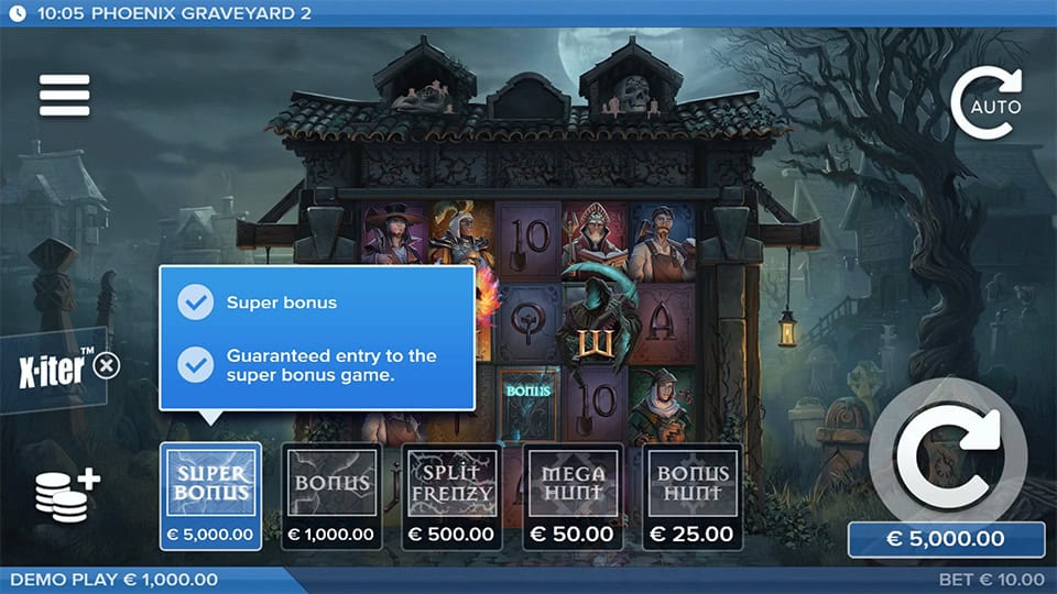Feature buy menu offering multiple modes including Super Bonus and Bonus Hunt, each guaranteeing different bonus entries.