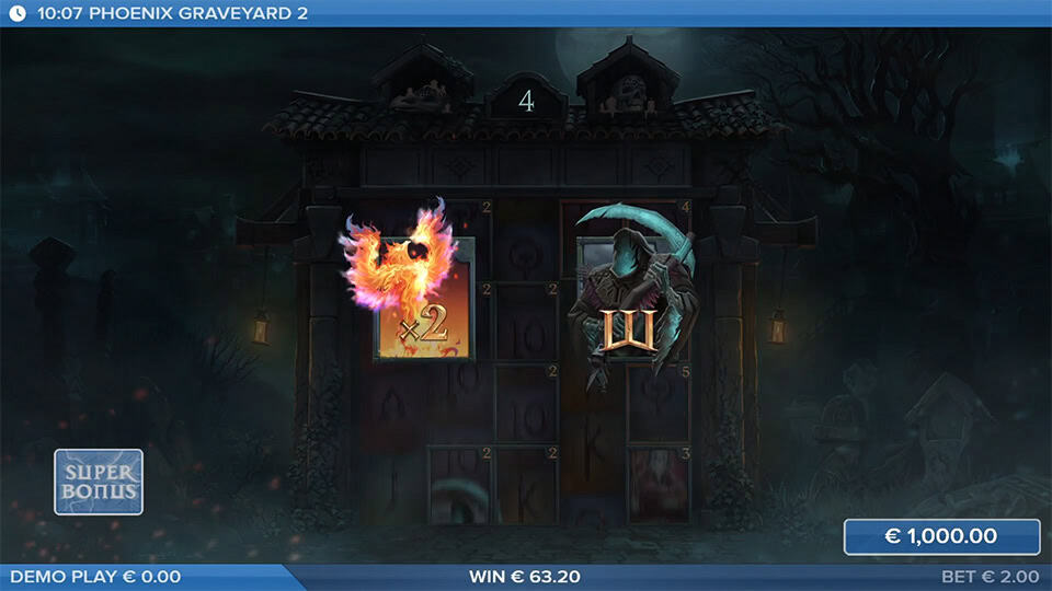 Flaming phoenix and reaper symbols facing off on the reels, hinting at multiplier mechanics during gameplay.