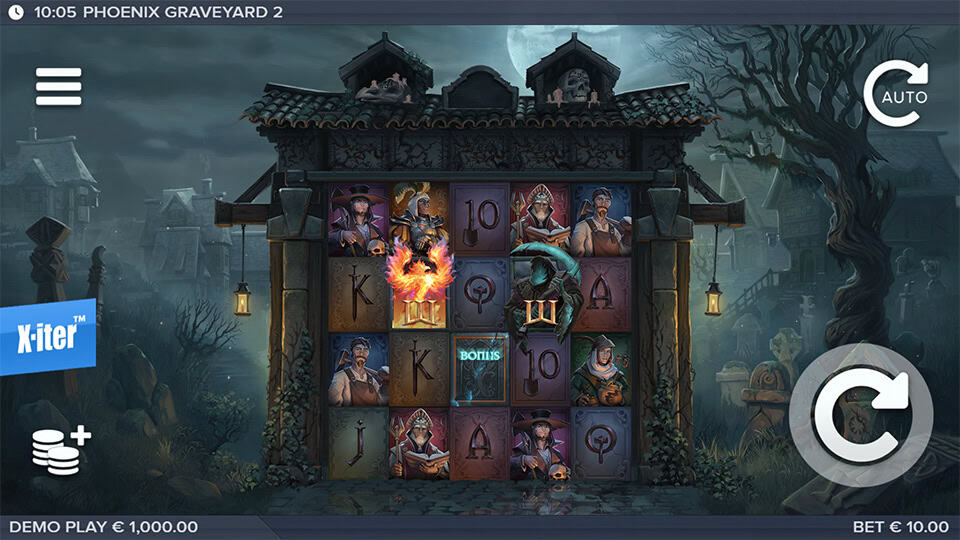 Main reels with grim characters and bonus symbols set against a haunted graveyard scene.