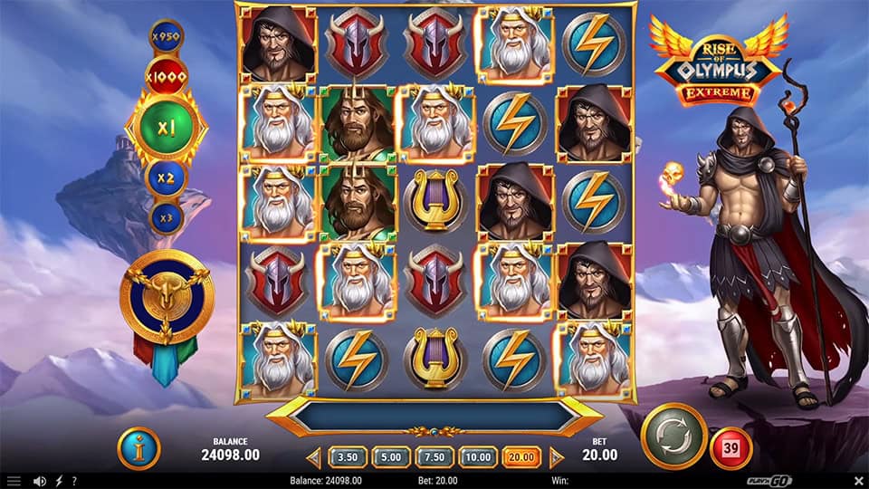 Reels featuring Hades on the right side holding a glowing skull, with thunderbolt and god symbols on grid.