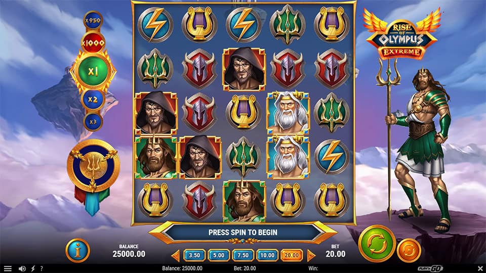 Main reel view with Zeus, Poseidon and Hades symbols, power meters and floating islands in the background.