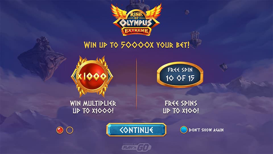 Intro screen showing bonus details like win multipliers up to x1000 and up to 100 free spins.