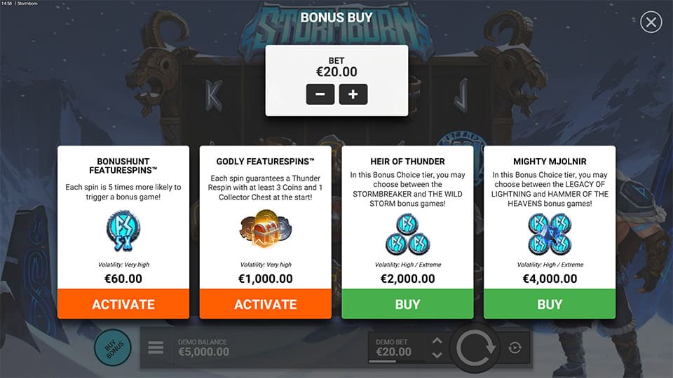 Bonus purchase menu overlaid on slot reels, offering instant access to special storm-themed features.