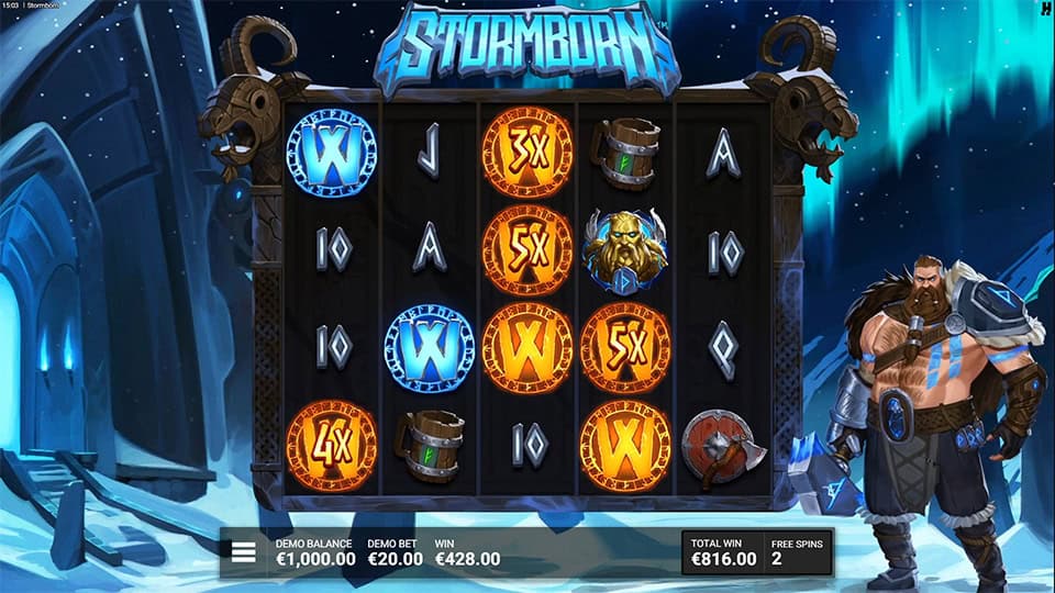 Feature display showing storm-charged Wild symbols with multipliers sticking to the reels.