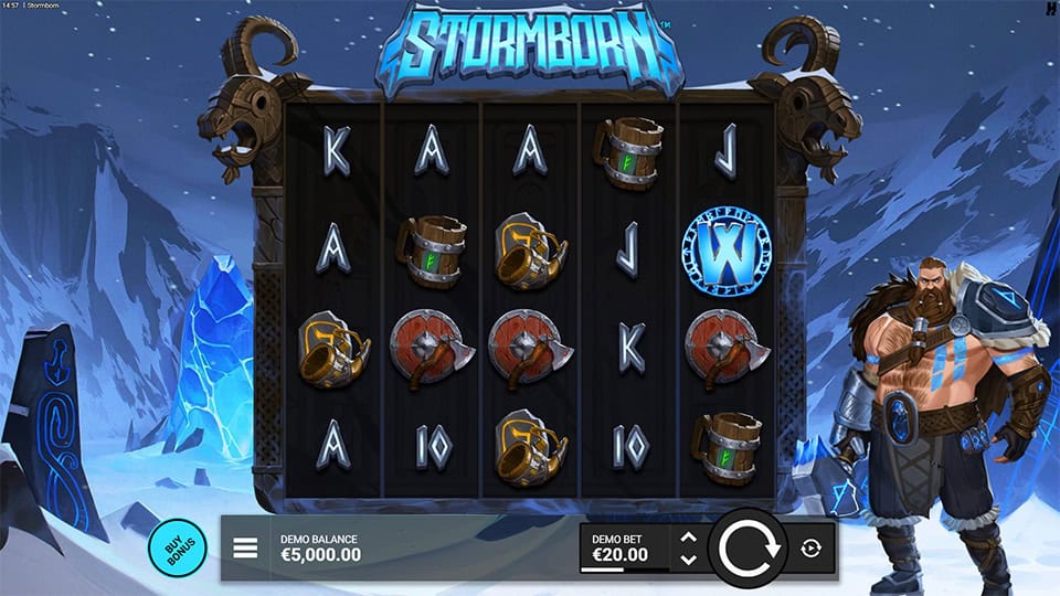 Slot reels filled with warrior, dragon and weapon symbols set against a stormy battlefield background.