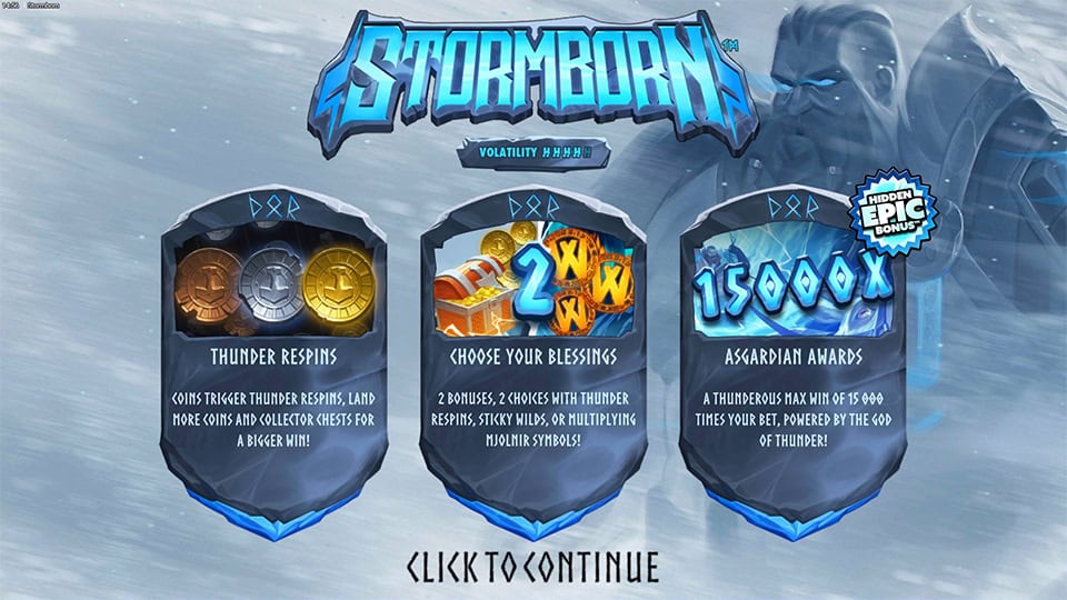 Intro screen with game logo, feature highlights and stormy sky filled with lightning bolts.