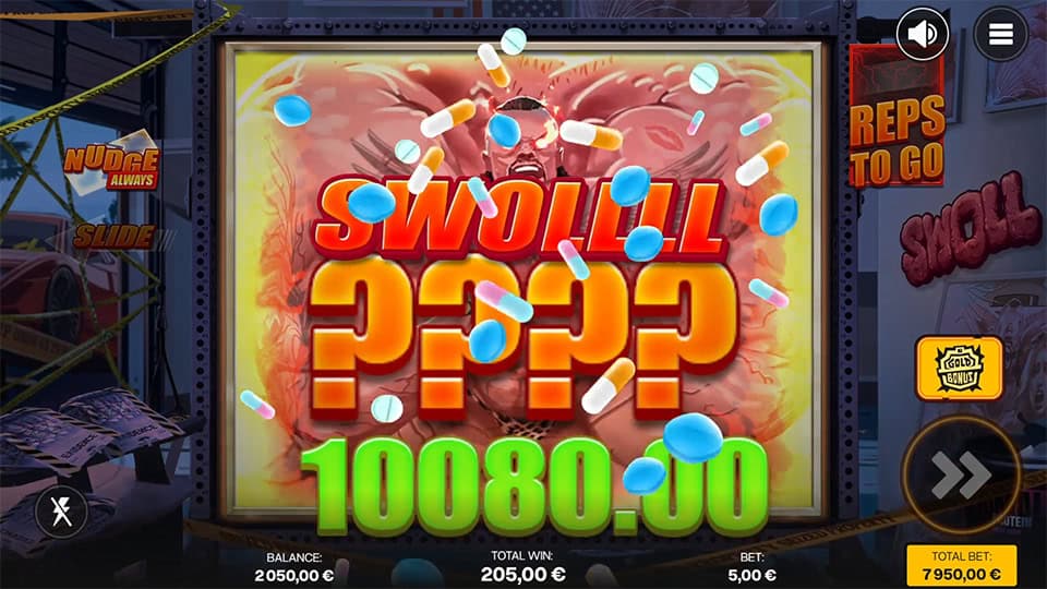 Win screen animation with “SWOLL ???” text and flying capsules over a glowing muscular figure with bulging arms.