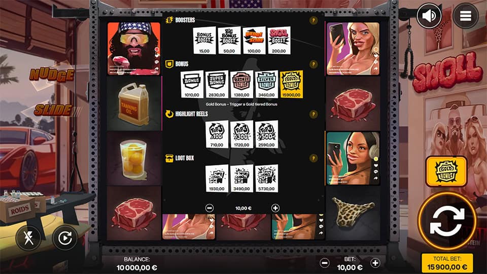 Buy menu showing various bonus and booster features, including Gold, Silver and Bronze bonuses, plus options for highlight reels and loot boxes.