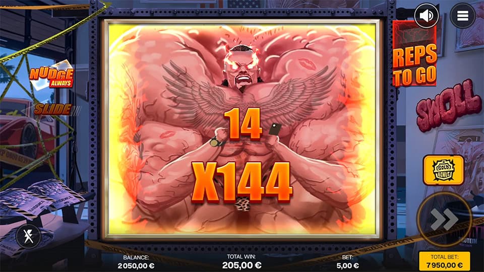 Highlighted bonus with 14 hits and a 144x multiplier on a fiery screen featuring a muscle-bound character with glowing eyes.