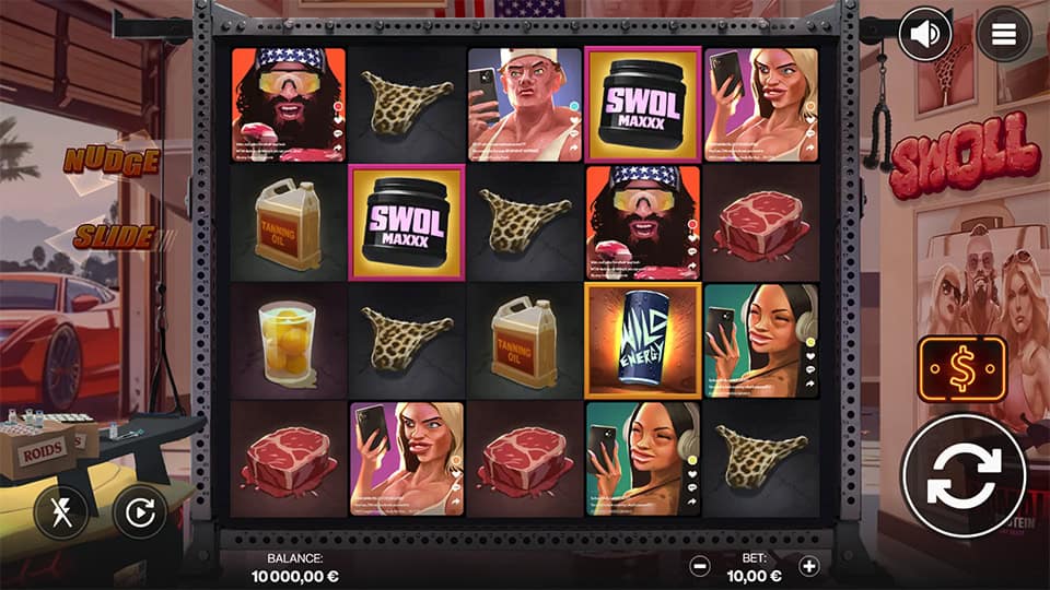 Base game view showing symbols like tanning oil, protein jars, leopard-print underwear, steaks and influencer-style characters on a 5x3 reel grid.